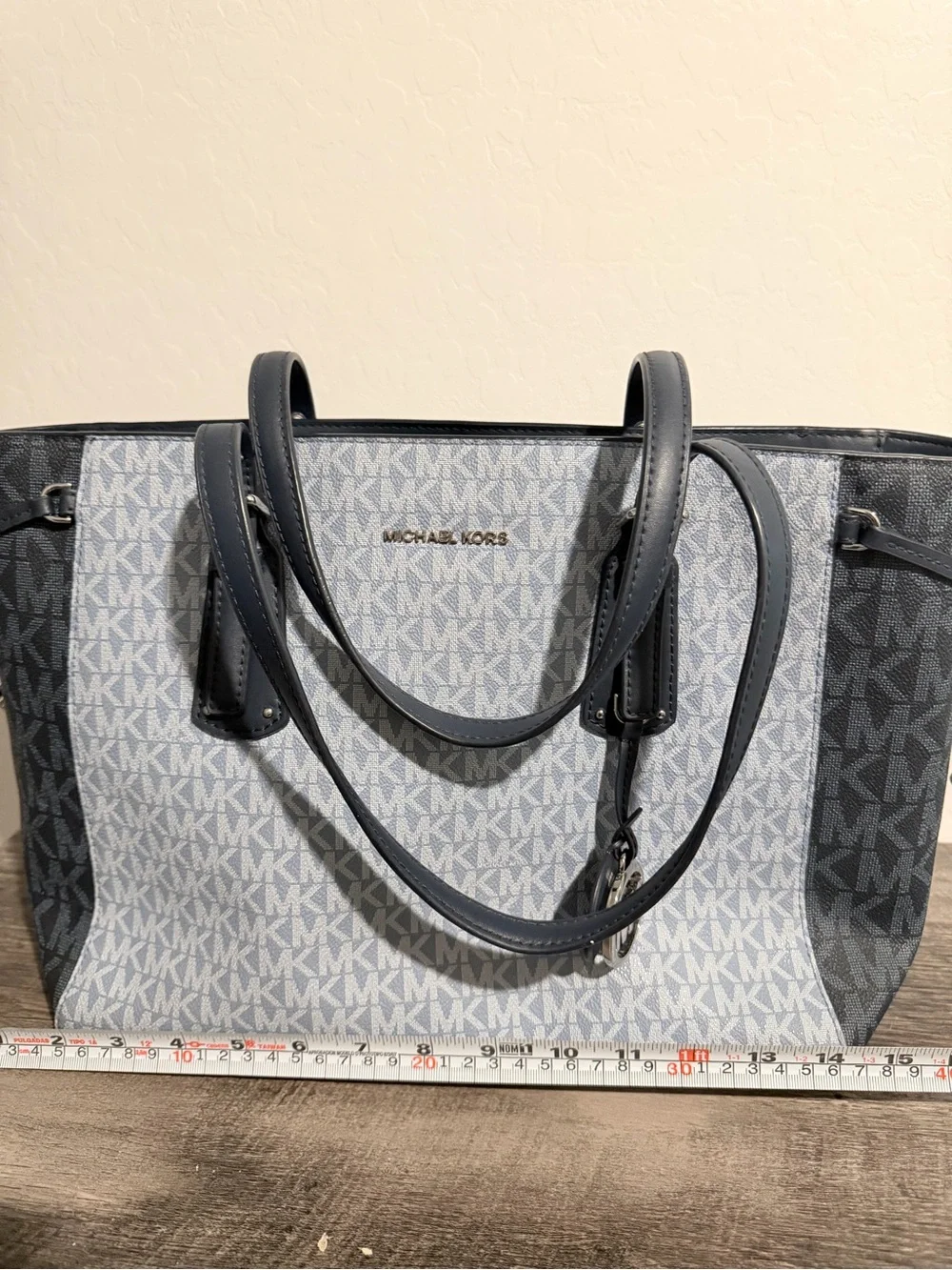 Michael Kors Light Blue MK Logo Tote with Navy Trim